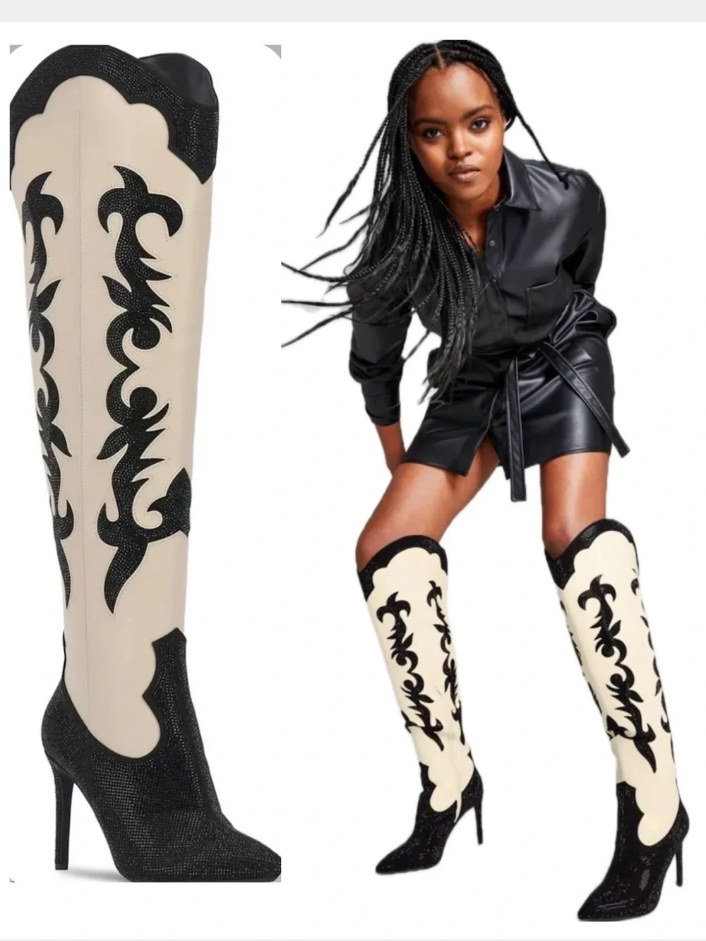 Tall Western-Inspired Knee Boots in Cream and Black